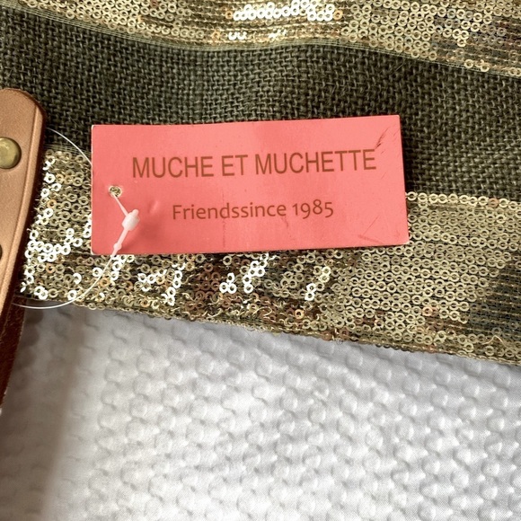 Muche Et Muchette Stylish Gold and Tan Burlap Tote Bag Waxed Bottom - Picture 10 of 12